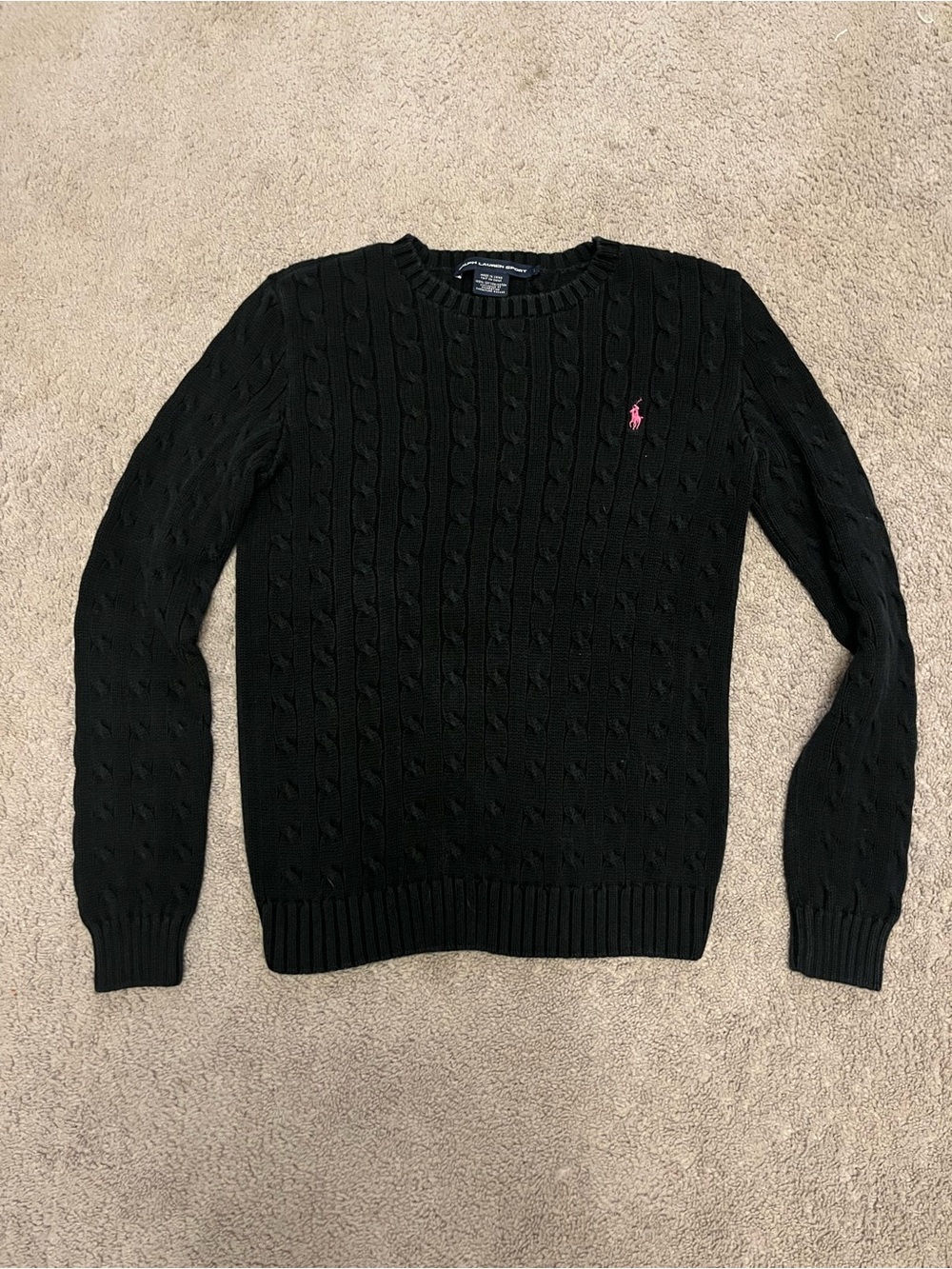 Ralph Lauren Black Cable-Knit Crewneck Sweater with Pink Pony